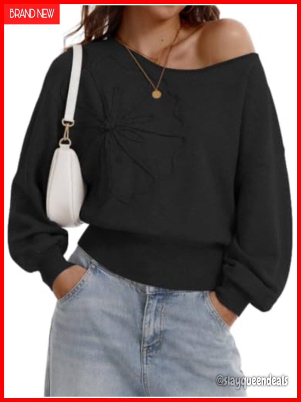 Womens Off Shoulder Floral Embroidered Pullover Sweater